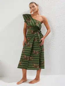 Trendyol Printed Pure Cotton One Shoulder Top With Skirt Co-Ords