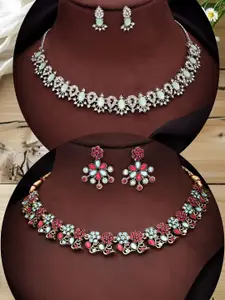 DIVASTRI Set Of 2 Gold & Silver-Plated Artificial Stones Studded Necklace With Earrings