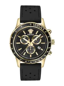 Versace Men Brass Dial & Leather Textured Straps Analogue Watch VEZCA0224