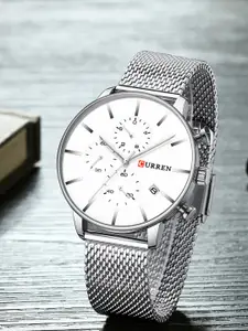 Curren Men Brass Embellished Dial & Stainless Steel Bracelet Style Straps Analogue Watch CR-8339-White