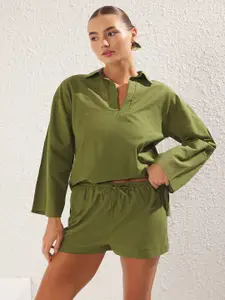 Trendyol Pure Cotton Shirt Collar Top With Shorts Co-Ords