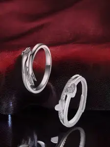 DressBerry Set Of 2 Rhodium-Plated Cubic Zirconia Studded Hug & Dual Heart Finger Rings