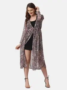 DIMPY GARMENTS Leopard Printed Longline Georgette Tie-Up Shrug
