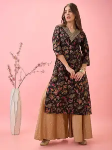 Globus Scalloped Embroidered V-Neck Gold Foil Paisley Print Chanderi Festive Kurta