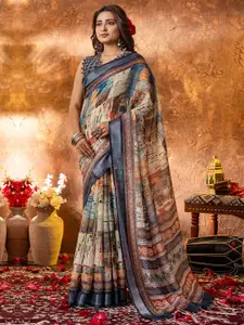 Saree mall Zari Linen Blend Block Print Sarees