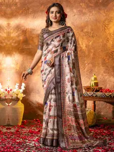 Saree mall Zari Linen Blend Block Print Sarees