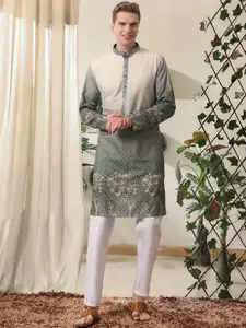 Pro-Ethic STYLE DEVELOPER Men Floral Colourblocked Angrakha Sequinned Pure Cotton Kurta with Pyjamas
