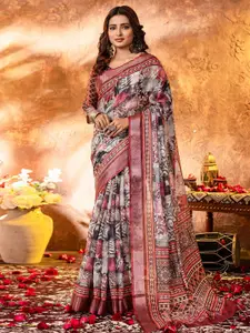 Saree mall Zari Linen Blend Block Print Sarees