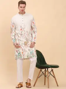 Pro-Ethic STYLE DEVELOPER Men Floral Colourblocked Angrakha Sequinned Pure Cotton Kurta with Pyjamas