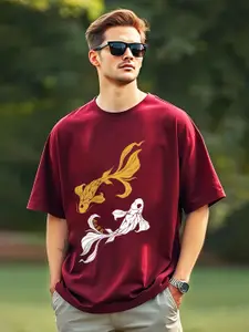 AUSK Men Printed Drop-Shoulder Sleeves Applique T-shirt