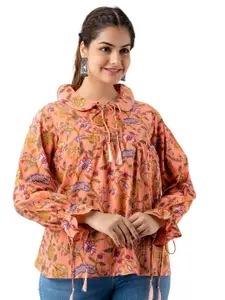 DMP FASHION Floral Print Tie-Up Neck Kimono Sleeve Cotton Top