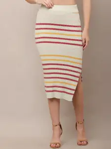 NoBarr Striped A-Line Midi Skirt
