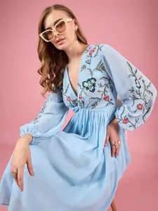 all about you Floral Embroidered Puff Sleeve Chiffon Fit & Flare Midi Dress
