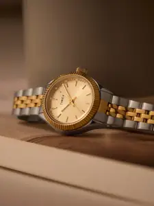 Timex Women Brass Embellished Dial & Stainless Steel Bracelet Style Straps Analogue Watch TW2W90900UJ