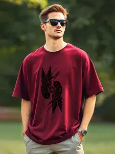 AUSK Men Printed Drop-Shoulder Sleeves Applique T-shirt
