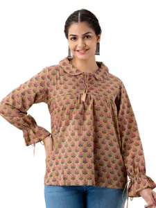 DMP FASHION Floral Print Tie-Up Neck Bell Sleeve Cotton Top