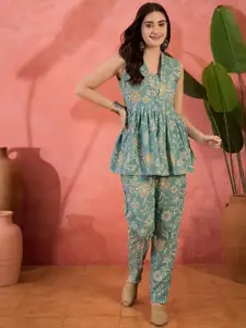 Sangria Floral Printed V-Neck Top & Trouser Co-Ords