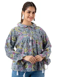 DMP FASHION Floral Print Tie-Up Neck Flared Sleeve Cotton Top