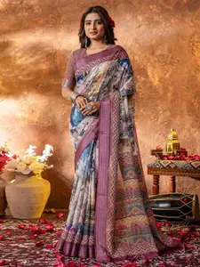 Saree mall Zari Linen Blend Block Print Sarees