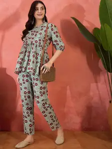 Sangria Floral Printed Pure Cotton  Top & Trouser Co-Ords