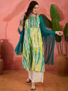 Sangria Printed & Embroidered A-Line Kurta with Dupatta