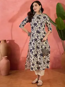 Sangria Floral Printed Mandarin Collar Neck A-Line Kurta
