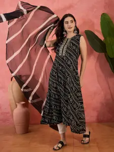Sangria Bandhani Printed & Embroidered  A-Line Kurta With Dupatta Set