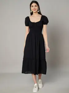 Amagyaa Puff Sleeve A-Line Midi Dress