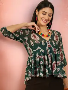 Sangria Printed Puffed Sleeves Peplum Top