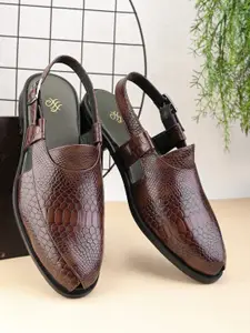 House of Pataudi Men Textured Round Toe Comfortable Shoe-Style Sandals