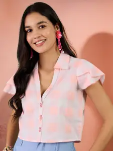 Sangria Checked Pure Cotton Shirt Style Collar Boxy Top