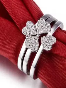 DressBerry Silver-Plated Cubic Zirconia Studded 3 In 1 Open Heart Leaf Finger Ring