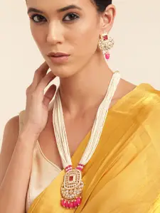 Anouk Gold Plated Kundan Studded Beaded Premium Layered Necklace Earring Set