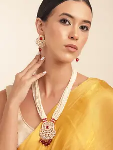 Anouk Gold Plated Kundan Studded Beaded Premium Layered Necklace Earring Set