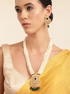 Anouk Gold Plated Kundan Studded Beaded Premium Layered Necklace Earring Set