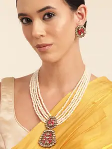 Anouk Gold Plated Kundan Studded Beaded Premium Layered Necklace Earring Set