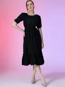 Raiyani Fashion Puff Sleeve Applique Fit & Flare Dress