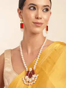Anouk Gold Plated Mother of Pearl & Quartz Studded Premium Long Neckalce & Earring Set