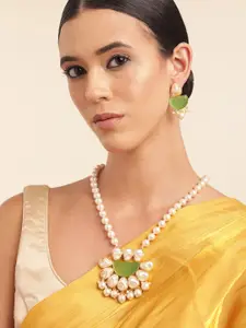 Anouk Gold Plated Mother of Pearl & Quartz Studded Premium Long Neckalce & Earring Set