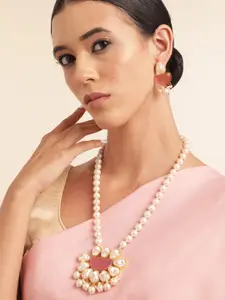 Anouk Gold Plated Mother of Pearl & Quartz Studded Premium Long Neckalce & Earring Set