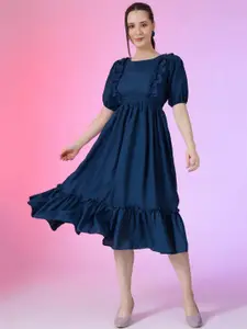 Raiyani Fashion Puff Sleeve Applique Fit & Flare Dress