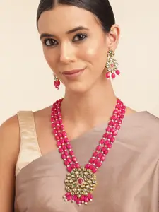 Anouk Pearl Gold Plated Kundan Studded Beaded Layered Necklace & Earring Set