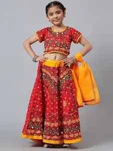 PK HUB Girls Embroidered Mirror Work Khari Print Ready to Wear Lehenga & Blouse With Dupatta