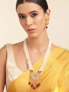 Anouk Pearl Gold Plated Artificial Stone Studded Beaded Layered Necklace & Earring Set