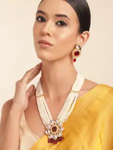 Anouk Pearl Gold Plated Artificial Stone Studded Beaded Layered Necklace & Earring Set