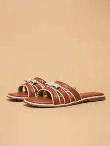 ERIDANI Women Striped Open Toe Flats with Bows