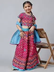 PK HUB Girls Embroidered Mirror Work Khari Print Ready to Wear Lehenga & Blouse With Dupatta
