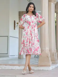 Janasya Women's Cream Georgette Floral Printed Tiered Dress