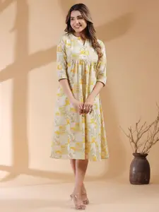 Janasya Women's Mustard Pure Cotton Ethnic Motifs Printed A-line Dress