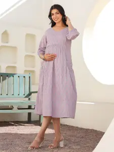 Janasya Women's Lavender Pure Cotton Floral Printed A-line Maternity Dress